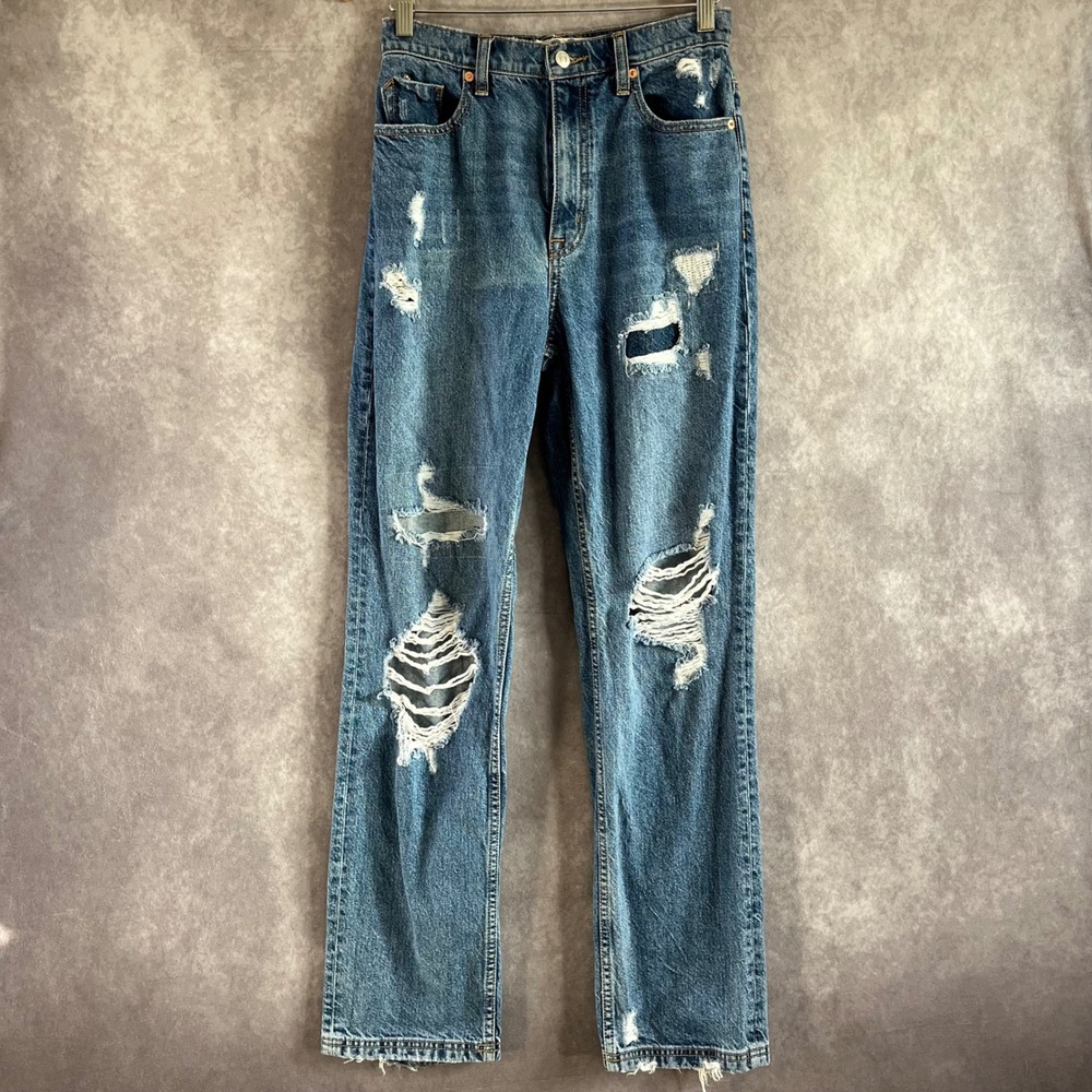We The Free CRVY Straight Jeans Womens 28 Blue Distressed High Rise Shredded Hem